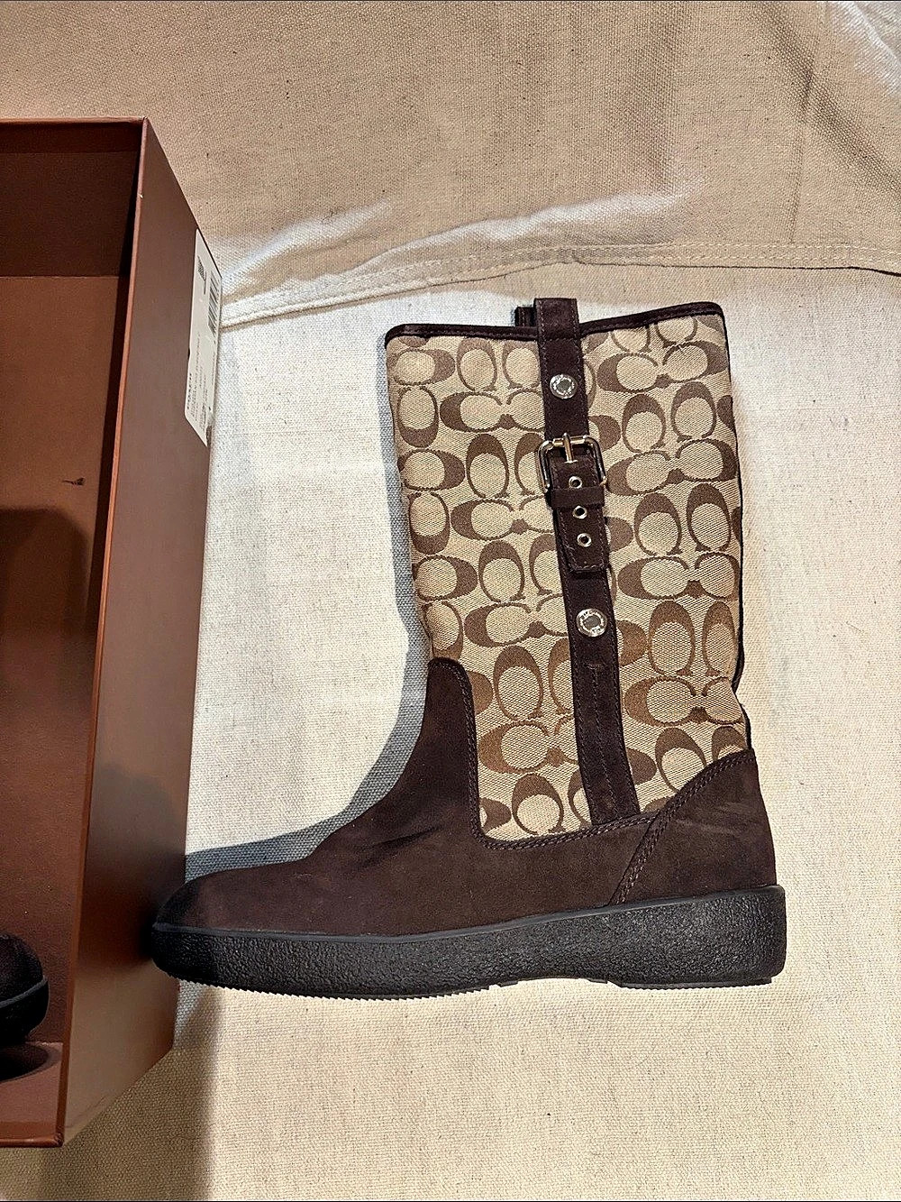 Coach Tinah Signature Suede Mid-Calf Boots Brown & Beige